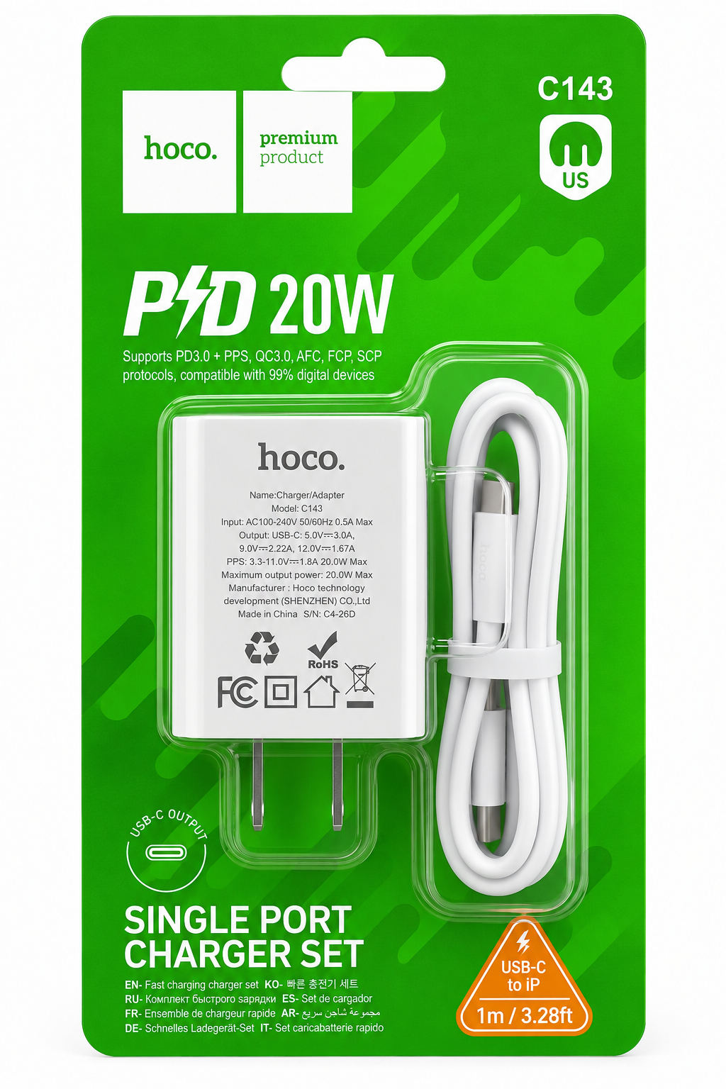 Cargador de un solo puerto HOCO / C143 PD 20W