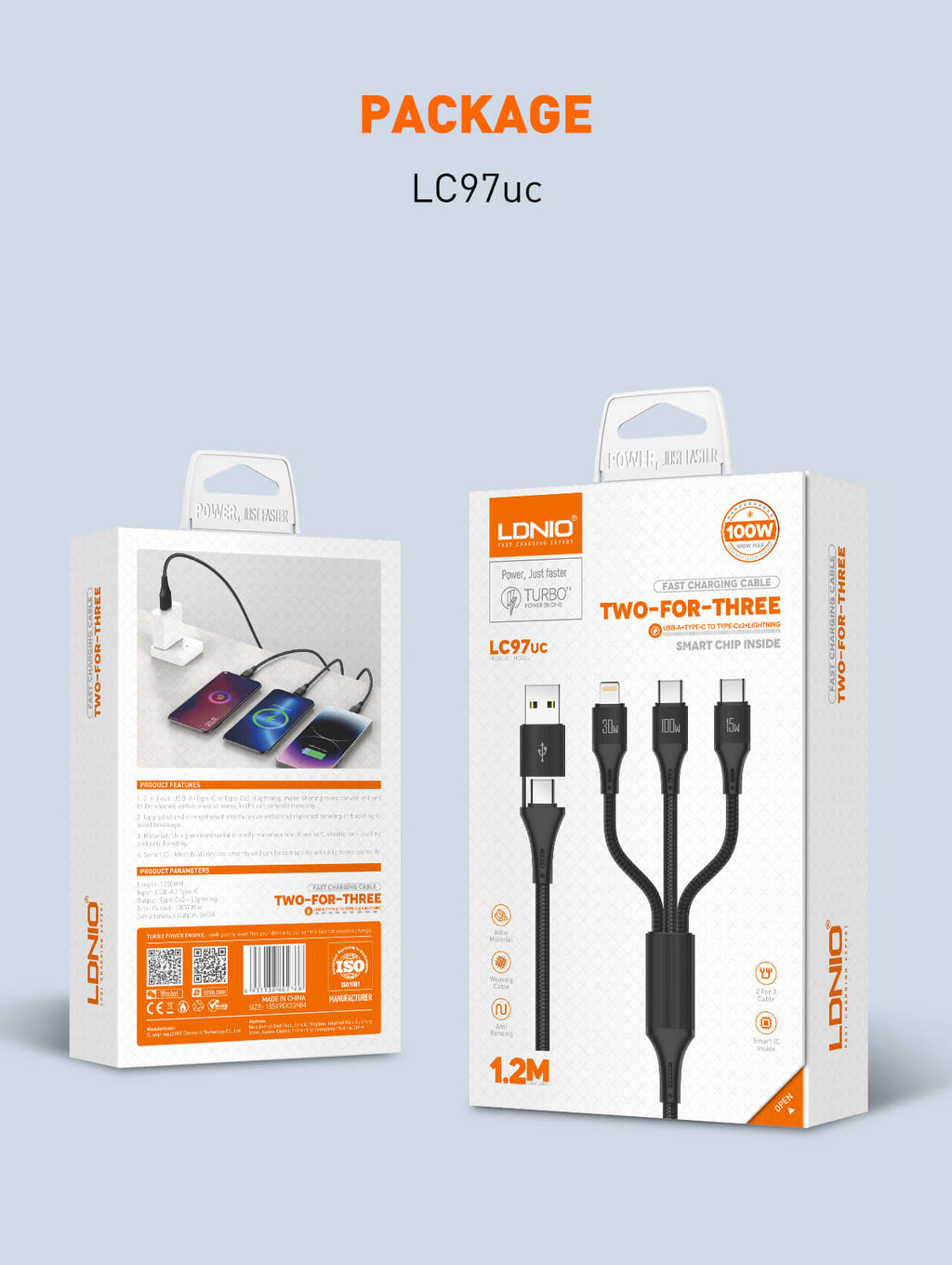 Cable de datos de carga rápida 2 en 3 de 100 W / LDNIO LC97uc