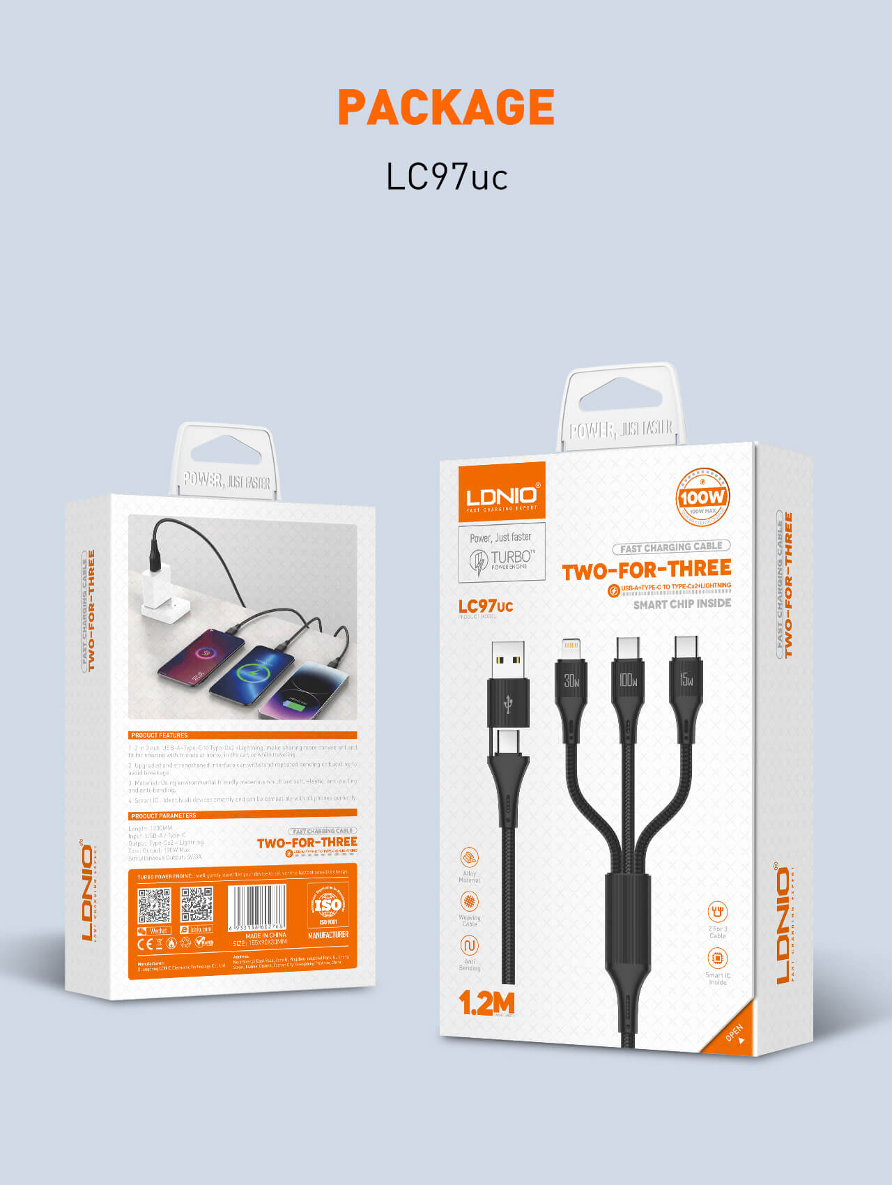 Cable de datos de carga rápida 2 en 3 de 100 W / LDNIO LC97uc