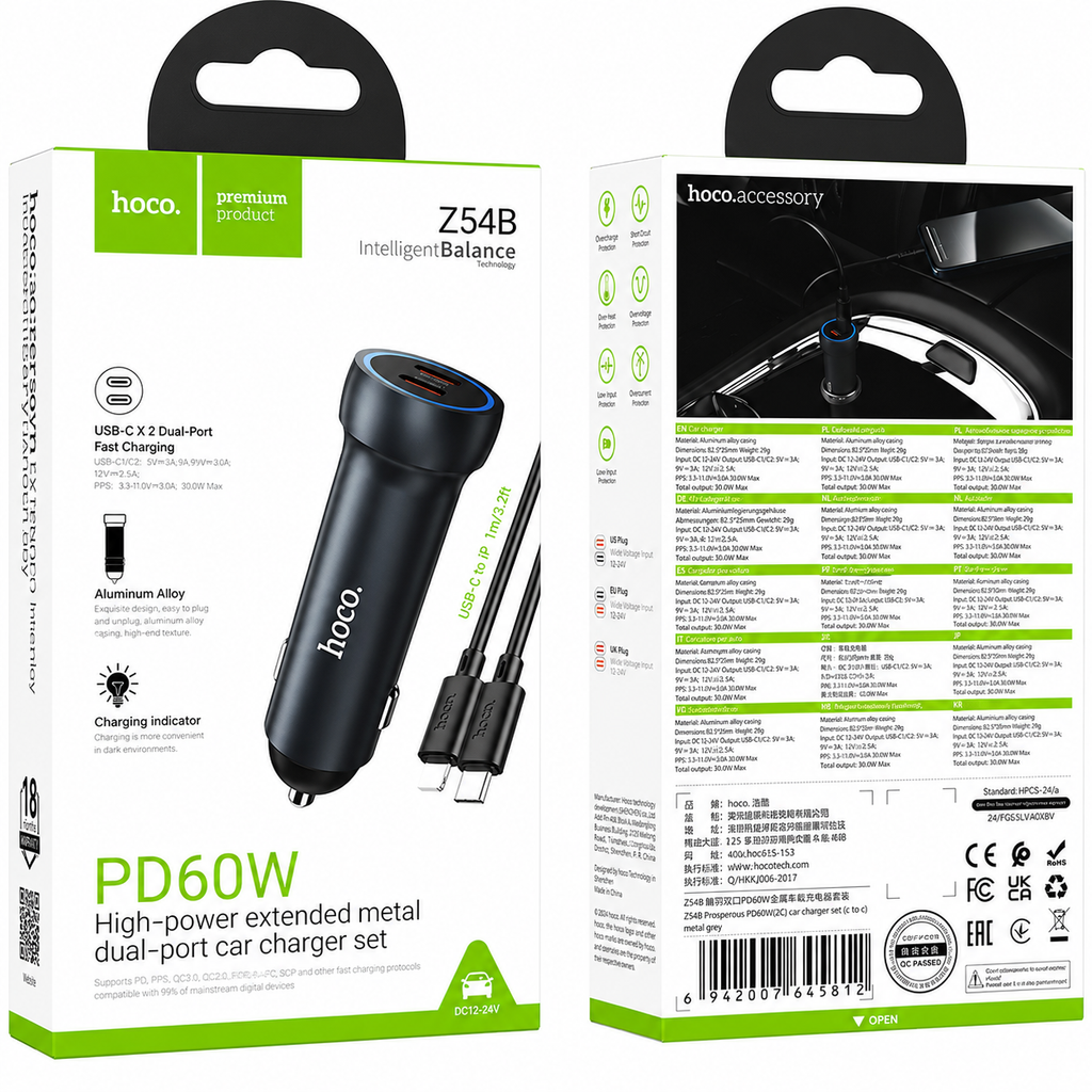 Ciagarrera/cargador para auto HOCO / Z54B PD60W