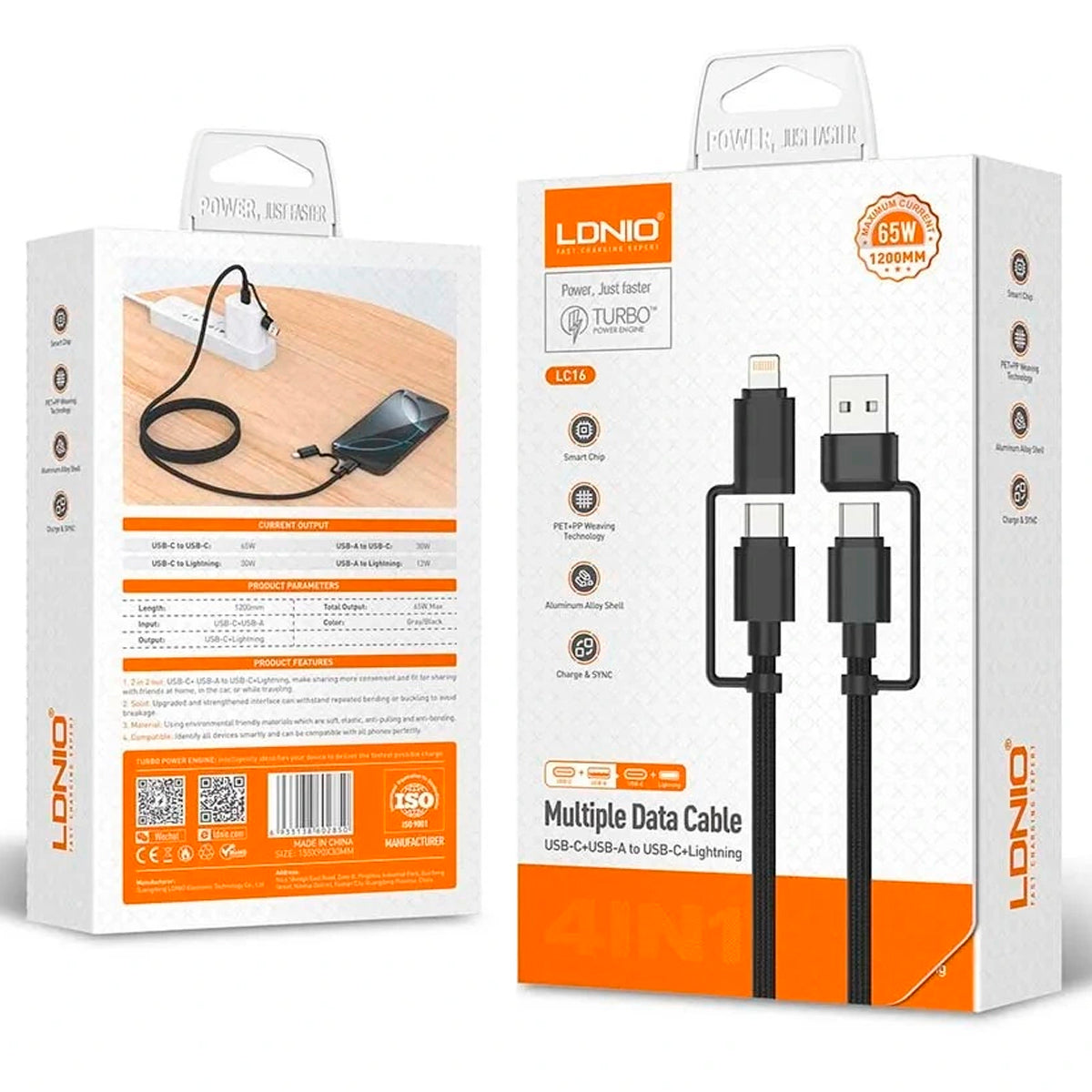 Cable LDNIO LC16 4 en 1 USB-C Lightning a USB-A USB-C.