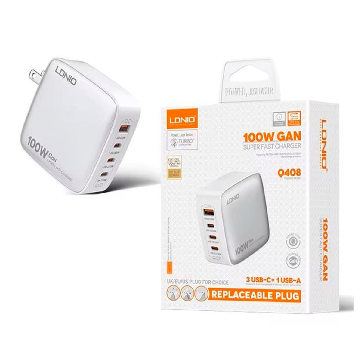 Cargador LDNIO Q408 100W GAN 4 PUERTOS 1 X USB, 3 TIPO-C